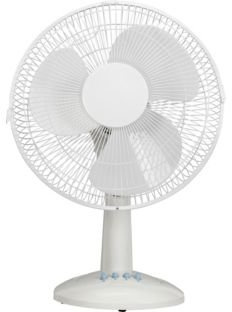 White Oscillating Desk Fan - 12 Inch. Three speed settings. Adjustable tilt. Oscillating. Size H49, W36, D34cm.