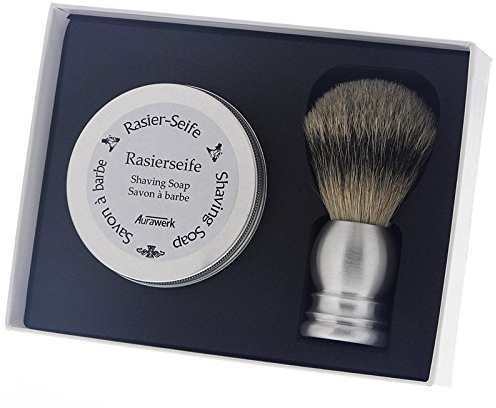 Aurawerk Geschenk-box mit Silber Alu Rasierpinsel + Rasierseife Rein Dachs Pinsel Silberspitz mit 100g Seife