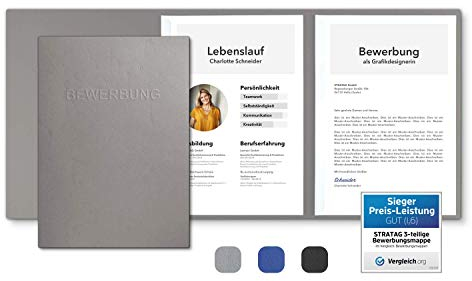 15 Stück 3-teilige Bewerbungsmappen Grau mit 2 Klemmschienen in feinster Lederstruktur - hochwertige Prägung ''BEWERBUNG'' - direkt vom Hersteller STRATAG