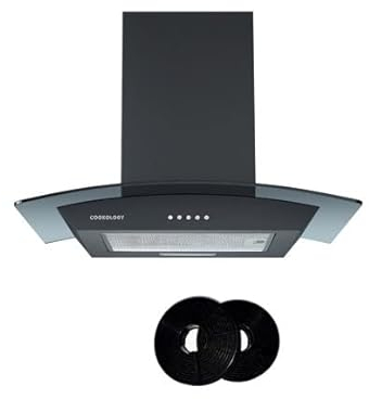 Cookology CGL600BK/A A Energy Rated Chimney Cooker Hood 60cm Kitchen Extractor Fan with Curved Glass, LED Light, 3 Speed 450m3 per hour and CF150 Recirculating Filters - Black