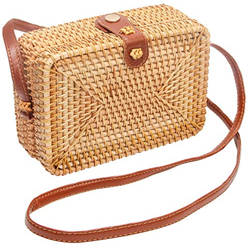 CrazyPiercing Rattan-Tasche aus Korbgeflecht, rund, quadratisch, für Damen, Boho-Tasche, Clutch, gewebte Handtasche, Square-1, 7.5inch x 4.8inch x 3inch, Beach Leisure Style Rotten Wood