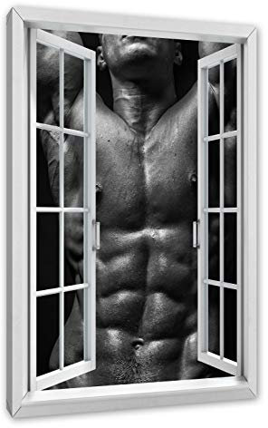 Pixxprint Sixpack Body, Fenster, Größe: 100x70cm, Leinwandbild, fertig gespannt, Wandbild, Dekoration, Kunstdruck, kein Poster