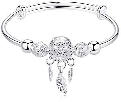 ADGJL Sterling Silber Armbänder Für Damen,Mode 925 Massives Silber Armband Boho Traumfänger Anhänger Handgefertigten Armreif Verstellbare Damen Vintage Schmuck Geschenk Für Hochzeit Geburtstag Paar