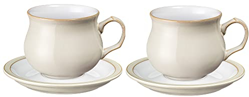 Denby - Linen Cream Tea Cup and Saucer Set of 2-200ml Stoneware Coffee Tea Mug and Saucer Set - Dishwasher Safe, Microwave Safe