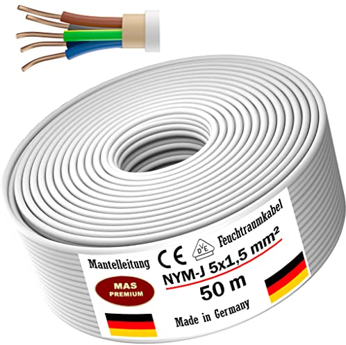 MAS Premium NYM-J - Cavo di alimentazione per parti umide, 5-170 m, 5 x 1,5 mm, 2,5, 4, 6, 10 o 16, con anello per posa fissa (5 x 1,5 mm², 50 m)