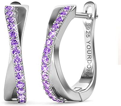YOURDORA Creolen Silber Damen Klein Ohrringe 925 Silber Rhodiniert Kreolen 15mm mit Zirkonia aus Österreich (Weißgold - Amethyst)