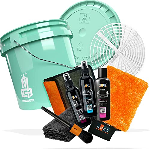 10 teiliges Autowasch Bundle – ADBL Synthetic Spray Wax, Snowball Auto Shampoo, Vampire Liquid, Waschhandschuh, Trockentuch, Pinsel, Magic Bucket 3,5GAL & Deckel mint, Grit Guard, detailmate Tuch