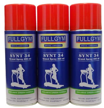 SYNT 34 Grand Spray 1.200 ml. Lubrificante multi-componente per tapis roulant in 3 bombolette di 400 ml, prodotto da FULLGYM specialista in lubrificanti per attrezzi sportivi dal 1934.