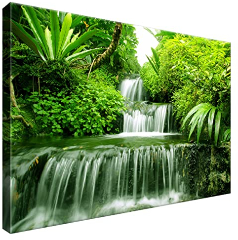 Estika Leinwand bilder - Urwald, Wasserfall, Grüner Wald - 60x40 cm, 1 teilige kunstdruck - Wandbilder wohnzimmer, schlafzimmer, Moderne wanddeko, Bild auf leinwand - Natur bilder - 2353A_1E