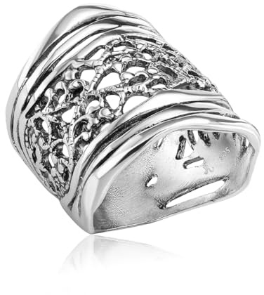 925 Sterling Silber Ring – Multi-Textur Spitzen-Schildring, oxidiertes Vintage Design, hypoallergen, nickelfrei, bleifrei, handgefertigte Designer-Kollektion, Größe 5-11