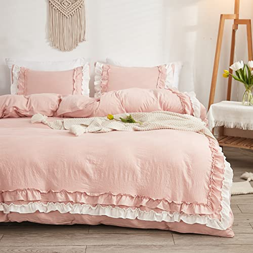 Sedefen Rüschen Bettwäsche 135x200cm Rosa Bettwäsche mit Doppellagige Rüschen Romantisch Mädchen Weich Mikrofaser Bettbezug Öko-Tex Zertifiziert mit Reißverschluss und 1 Kissenbezug 80x80cm
