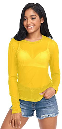 RPLIFE Silver Mesh Sleeves, Womens Sheer Top, Chrome Yellow, S