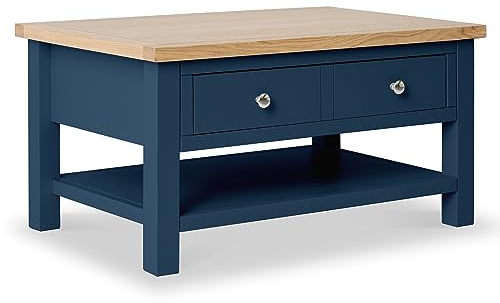 RoselandFurniture Farro Navy Blue Large Coffee Table for Living Room | Storage Drawer and Shelves with Oak Top, Painted Finish, Contemporary Style, H45cm W85cm D55cm