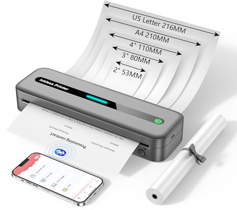 ASprink Portable Printer Wireless for Travel, Bluetooth Inkless Thermal Printer A4, Support 8.5'' x 11'' US Letter, Compatible with Phone and Laptop, Small Mobile Printer for Home Car Office, Gray