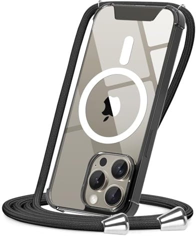 CAROKI Crossbody Lanyard Case for iPhone 15 Pro 6.1 inch, Magnetic Case Compatible with MagSafe Transparent Slim PC + TPU Clear Phone Case Cover with Lanyard Strap for iPhone 15 Pro-Black