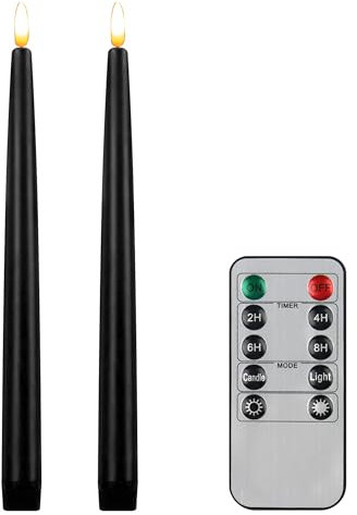 CVHOMEDECO. Flameless Taper Candles with 10-Key Remote, Battery Operated Led Flickering 3D Wick Window Candles Real Wax Finished Home Christmas Party Decor 0.78 x 11 Inch, Pack of 2, Black