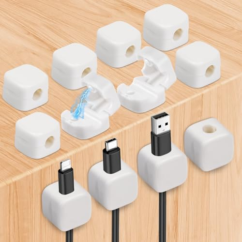 URAQT Clips Câble Organisateur Bureau, 12 Pcs d'organisateurs de câbles magnétiques, Range Câbles Silicone Fixe pour Câbles de Chargeur/Souris/Écouteur/Ustensiles de Cuisine (Blanc)