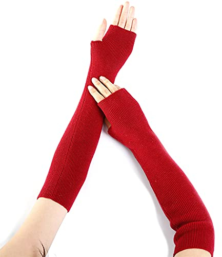 Moderne, elastische, dehnbare Strick-Armstulpen für den Winter, Daumenloch, einfache fingerlose Armbedeckungen, rot, 1