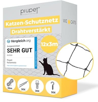 PiuPet® Rete per Gatti I Rinforzata I 12x3m I incl. Corda di Fissaggio I Rete per Gatti Balcone | Rete per Balcone Esterno