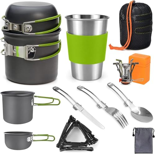 ELEUTH Kit de Casseroles Camping 9 Pièces en Aluminium Durable avec Réchaud, Ustensiles de Cuisine Pliables, Idéal pour Pique-Nique, Camping, Randonnée