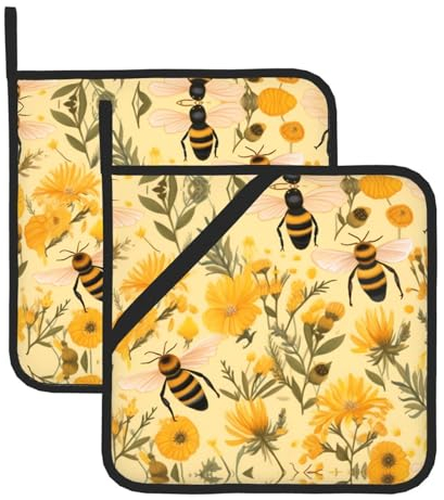 Lot de 2 maniques carrées résistantes à la chaleur Motif floral Jaune 20,3 x 20,3 cm : tissus de qualité, anti-brûlure et facile à nettoyer