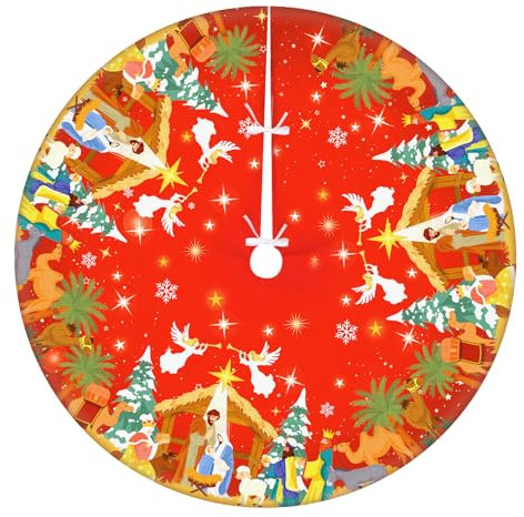 HOWAF Nativity Scene Christmas Tree Skirt, Jesus Religious Xmas Tree Skirt Christmas Tree Mat Base Cover For Christmas & New Year Xmas Holiday Party Decorations Supplies, Red, 35Inch/90CM