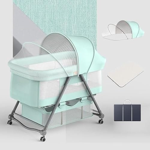 SAYEYBU Babywiege, Verstellbares Beistellbett FüRs Baby, Einfach Zusammenklappbares, Tragbares Babybett, Mit Bequemer Matratze, Moskitonetz Und Stauraum,Grün