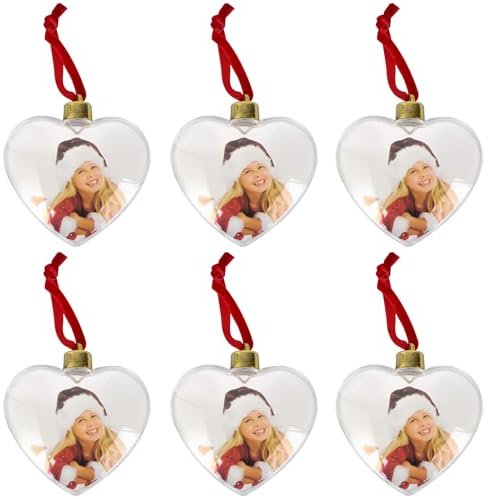 Cabilock 6 Fotoanhänger in Herzform, Transparenter Baumschmuck zum Befüllen | Befüllbare Bilderrahmen zum Aufhängen für persönliche Erinnerungsfotos, DIY-Weihnachtsbaumanhänger und Familiengeschenke
