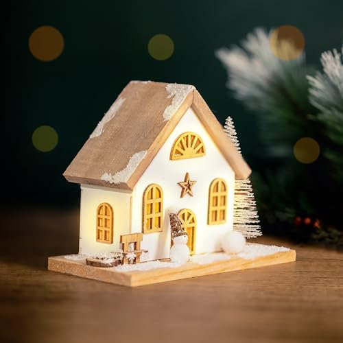 Marco Paul Scène de village de Noël en bois lumineuse à LED pré-éclairée Blanc chaud Floqué de neige Arbre de Noël Étoile Bonhomme de neige Décoration de Noël Décoration de Noël Nordique Centre de