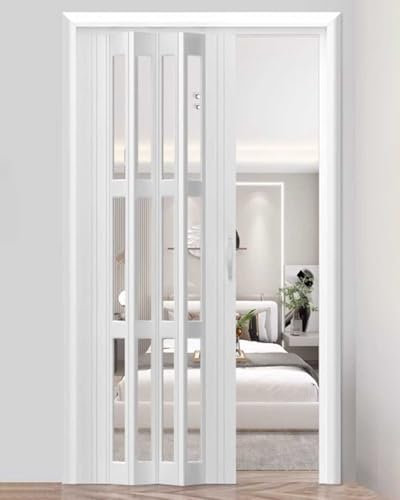 Porte Accordéon Interieur Porte Pliante Blanche avec Poignée et Fenêtres en Acrylique Transparent, Porte Coulissante en Plastique Portail Pliable, 203cm de Haut Porte Accordéon Magnétique pour Placard