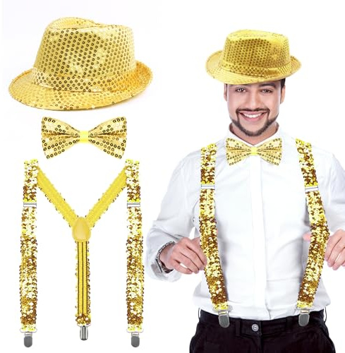 Capaneus Glitzer Outfit Herren Kostüm, Silvester Herren Outfit, Pailletten Kostüm mit Glitzer Fliege, Hut, Hosenträger, glitzer Accessoires Männer für Karneval, Halloween, Mottoparty