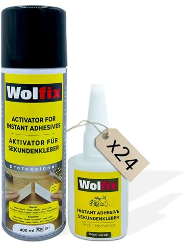 Wolfix Lot de 24 tubes de colle instantanée extra forte 100 g avec activateur de colle en spray 400 ml pour réparations professionnelles – Idéal pour les matériaux tels que le plastique, le métal, le