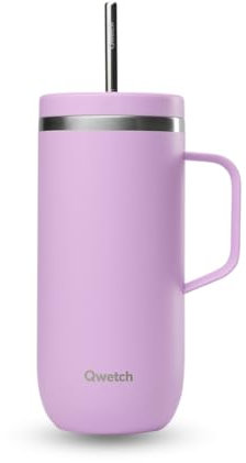 QWETCH - Cold Cup 600ml avec Poignée et Paille - 24h Glacé & 12h Froid - Lavande - Gourde Isotherme en Inox, Tasse Thermo Café