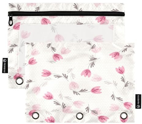 Mnsruu Astuccio con stampa floreale per raccoglitori a 3 anelli con cerniera, confezione da 2 astucci con finestra trasparente, astuccio per cosmetici per ufficio e università, Multicolore, Taglia