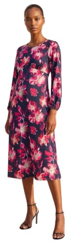 Roman Women Gathered Chest Dress Ladies Stretchy Fit & Flare Swing Tea A Line Skater Knee Length Long Sleeve Midi Smart Casual Work Going Out Cocktail Party - Pink Floral - Size 14