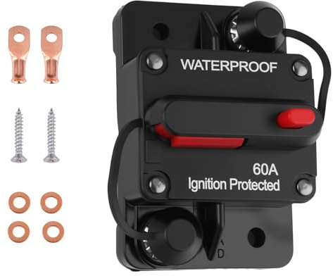 60 Amp Circuit Breaker with Wire Lugs Copper Washer DC 12V-48V | Waterproof Manual Reset Inline Fuse Holder Inverter for Car Audio Solar Inverter System Protection for Car Motor Marine Boat