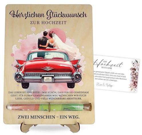 ZUKLA Verpackung für Geldgeschenke zur Hochzeit - 23 x 17 cm - mit Reagenzglas - Hochzeitskarte Geldgeschenk Verpackung Holz - Hochzeitsgeschenk für das Brautpaar - Hochzeitsgeschenk Geld - Rot