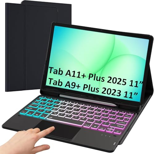 für Samsung Tab A11 Plus 2025/A9+ Plus 2023 11 Zoll Hülle mit Tastatur: Tastatur mit Touchpad & 3-Zozen-7-Farbige Beleuchtung - Galaxy A11+ 5G Tablet Deutsches QWERTZ-Layout Tastaturen mit Pen Halter