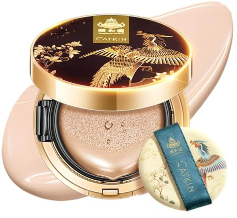 CATKIN Cushion Foundation, Leichte und Langanhaltende Formel, Anti-Aging, Natürlicher Effekt, 7-in-1-Kräuterextrakte, Sheer Satin Finish, mit Nachfüllpackungen, 13g x 2