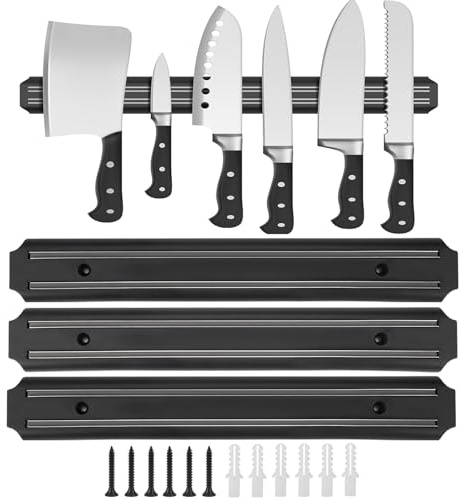 3 Pieces Magnetic Knife Set, 33cm/13inch Magnetics Wall Knife Holder | Magnetics Wall-Mounted Knife Holder Set, Black Multipurpose Magnetic Tool Holder with 500-800g Load Capacity