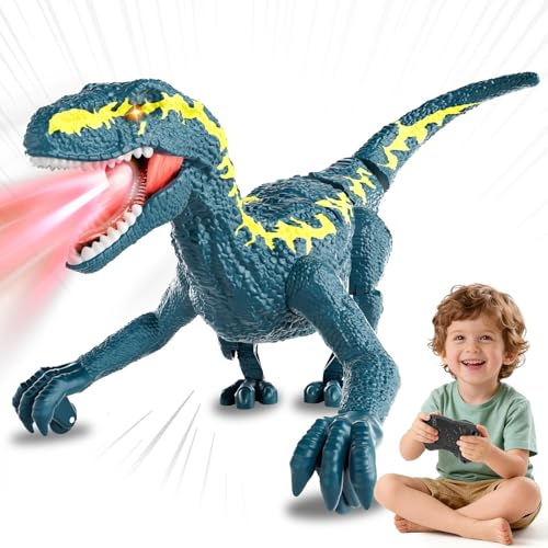 WOANZZ Fernsteuerungs-Dinosaurier für Kinder ab 3, 2,4 GHz RC-Dino mit 3D-Augen & 3 Geräuschen, interaktives Tier-Spielzeug für Jungen und Mädchen (Blau)