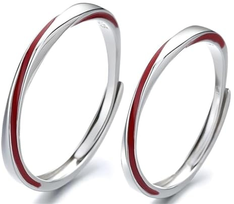 Nzoike 1 paio di anelli regolabili placcati in argento con filo rosso, per matrimonio e fidanzamento, regalo di San Valentino, per uomo e donna