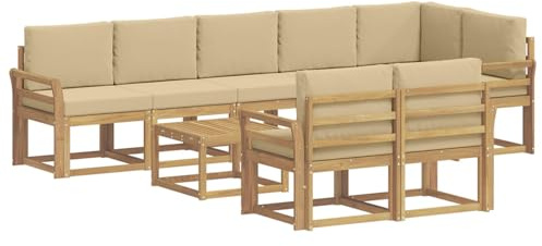 vidaXL Outdoor-Sofagarnitur mit Kissen 9 pcs Weiß und Beige Polyester, Stylisches Außensofa, wetterfestes Set, Bequeme Sitzgelegenheit für den Garten, Akazienholz Möbel