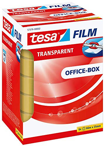 tesafilm Ruban Adhésif Transparent - Résistant au Vieillissement et au Déchirement - Rubans avec grande adhérence, 66 m x 25 mm - Pack de 6 Rubans