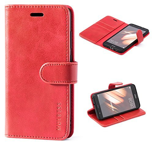 Mulbess Handyhülle für Huawei P10 Lite Hülle Leder, Huawei P10 Lite Handy Hülle, Vintage Flip Handytasche Schutzhülle für Huawei P10 Lite Case, Wein Rot