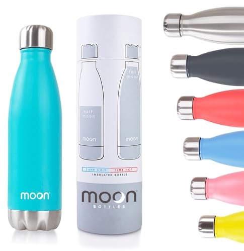 Moon Bottles - Insulated Water Bottle That Lasts Forever - 18/8 Stainless Steel Vacuum Flask - Double Walled Drink Bottle - Thermal Metal Flasks, Leakproof, 24hrs Cold & 12 Hot (500ml, Aqua Green)