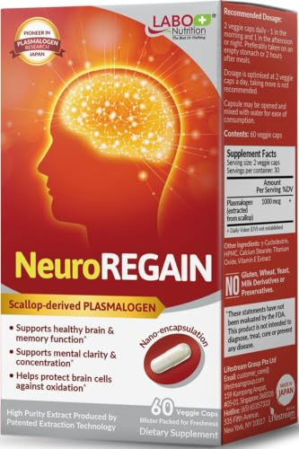LABO Nutrition NeuroREGAIN Scallop Plasmalogen - Brain & Memory Support | 60 capsules, scallop-derived plasmalogen, 30 days' supply, for senior brain health, clinically studied formula