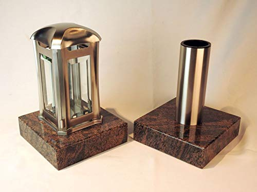 designgrab Grablampe Venezia und Grabvase Tube aus Edelstahl mit 2 Stück Granitsockel in Gneis Halmstad/Barap/Hollandia