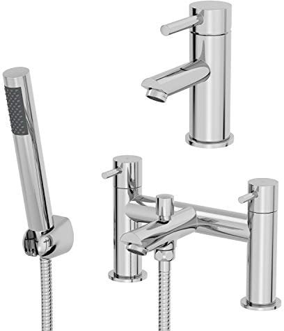 Architeckt® Malmo Bathroom Bath Shower Mixer Tap and Basin Tap Set Deck Mounted Round Twin Lever Handle Modern, Chrome