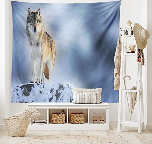 ABAKUHAUS Wolf Wandteppich Einsame Wolf ohne seinen Pakt über eisernen Berg auf Einem Gipfel Fotographieaus Weiches Mikrofaser Stoff 150 x 110 cm Waschbar Klarer Digitaldruck, Weiß Grau